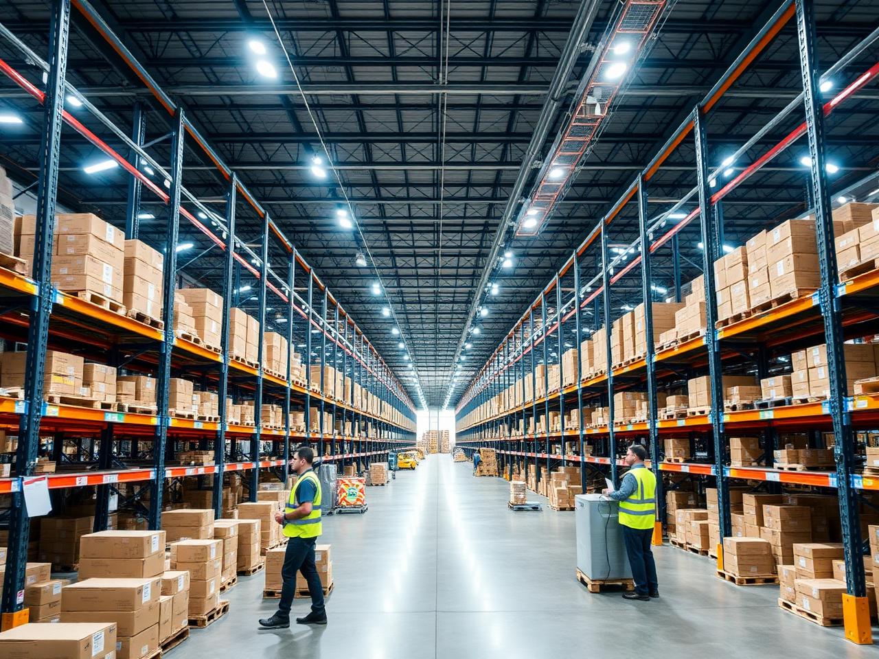 Modern fulfillment center with automated racking systems and bright lighting